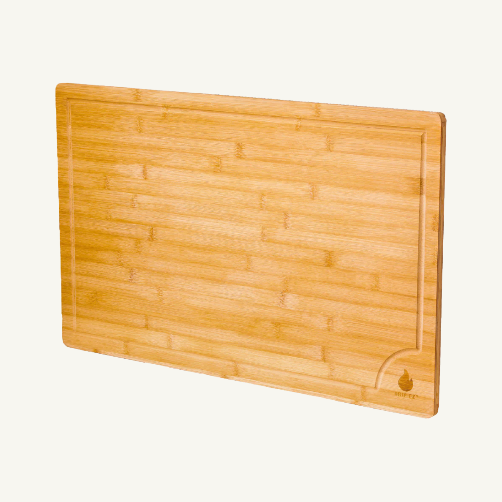 Wooden cutting board with a brand logo on a white background