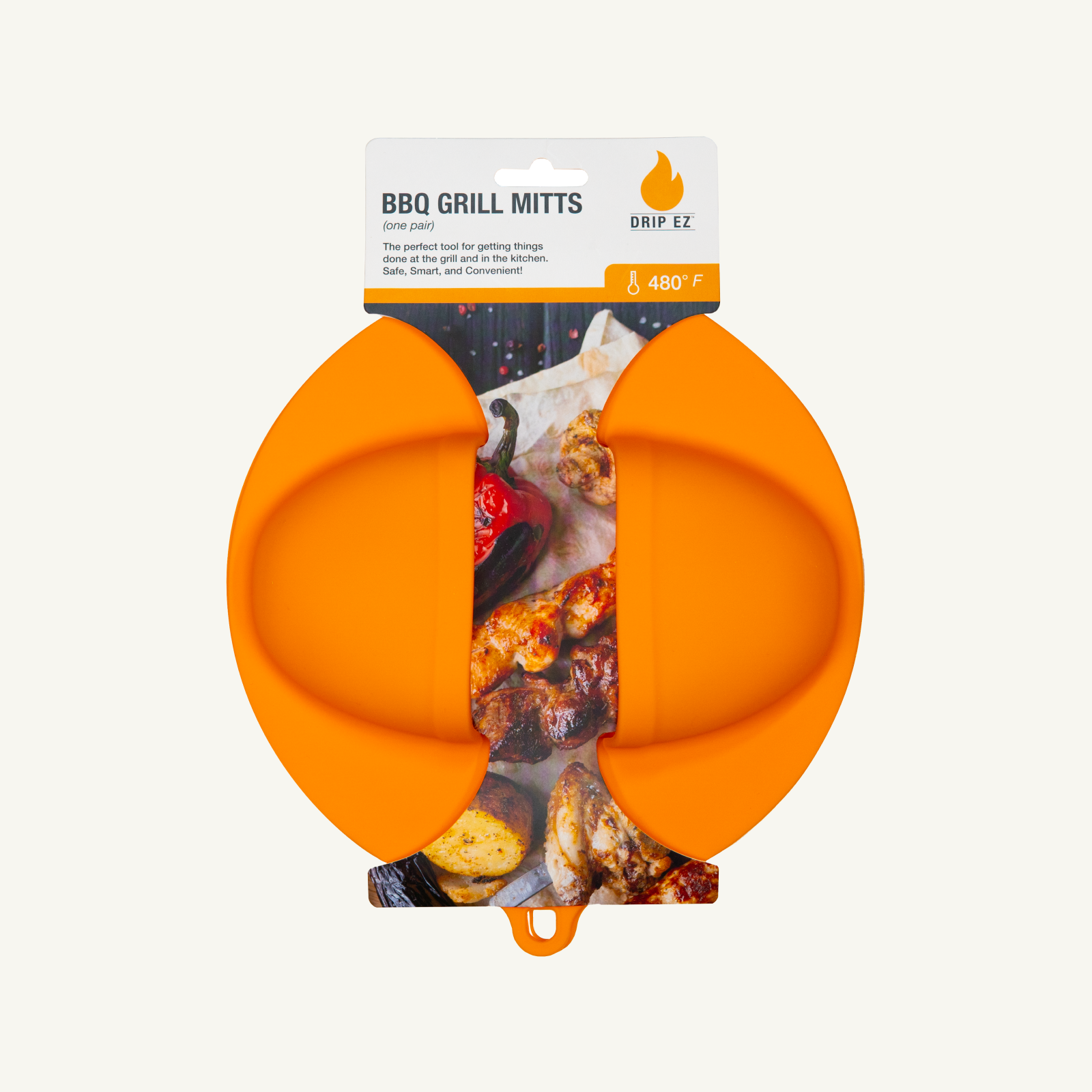 Orange BBQ grill mitts with packaging on a white background