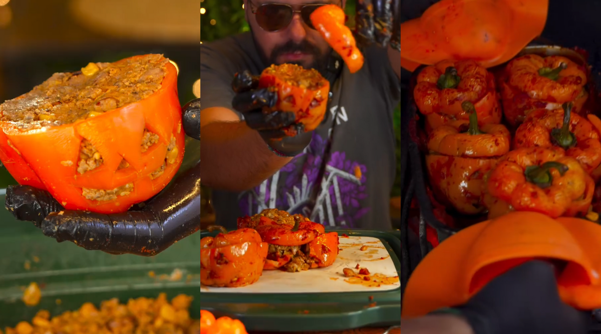 Jack-o-Peppers: Cheesy Burrito-Stuffed Halloween Peppers